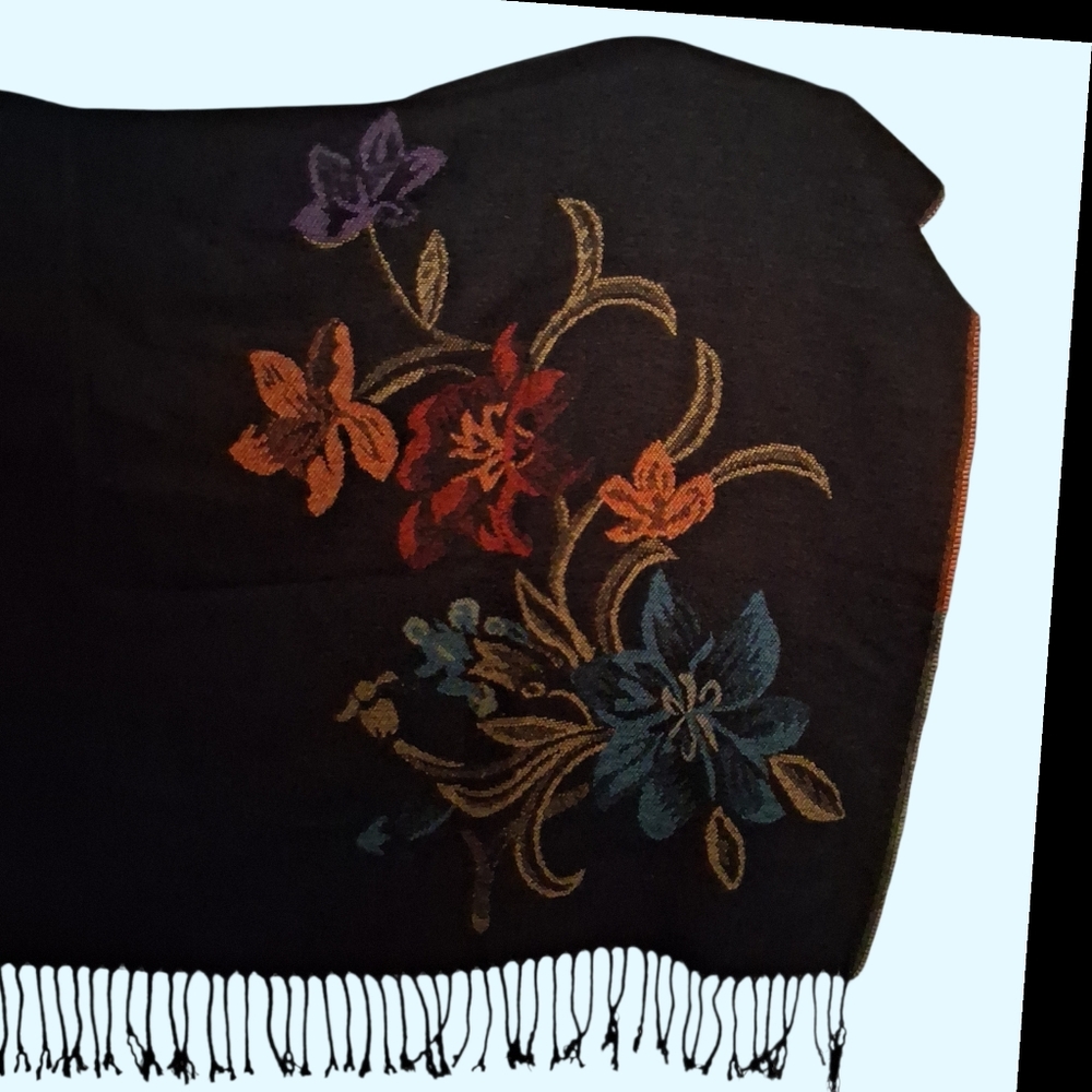 Black Shawl Wrap with Vibrant Colorful Floral | Multicolor Woven Fabric - Picture 12 of 16